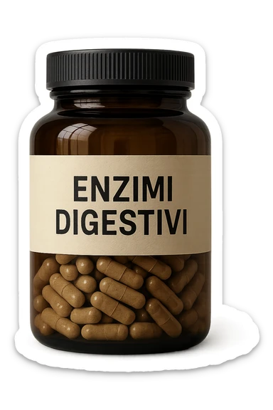 barattolo di integratore con la scritta "ENZIMI DIGESTIVI", iperrealistico 4k sticker