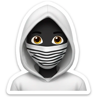 Boy with black mask and hood and a white shirt with black stripes sticker