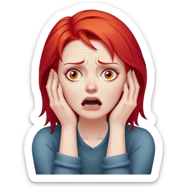 of a white woman with bright red hair, visibly distressed and clutching her neck with both hands, her face conveying a strong sense of panic and fear sticker