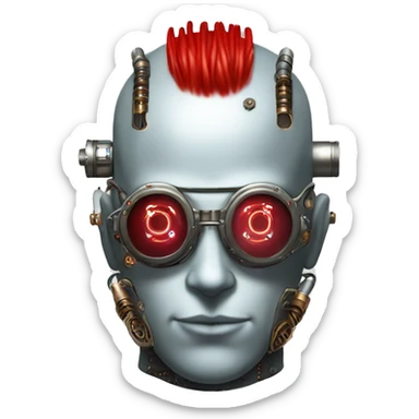 Bald cyborg head with red Mohawk, silver steampunk goggles, red beard and circuits sticker