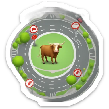ox in a traffic circle with stop sign sticker