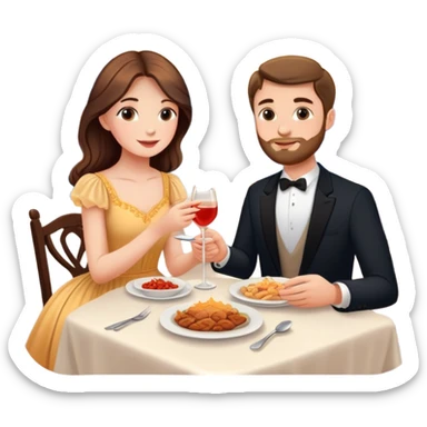 Elegant girl with a beautiful flowy dress and man eating dinner together in Montenegro sunset holding hands  sticker