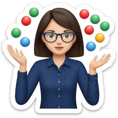 a brunette girl in a navy shirt wearing glasses is  juggling  with two hands  sticker