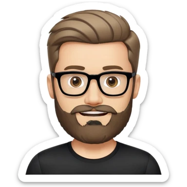 Caucasian man with complete beard, short hair styled up, large black eyeglasses, cheerful expression, black athletic shirt sticker