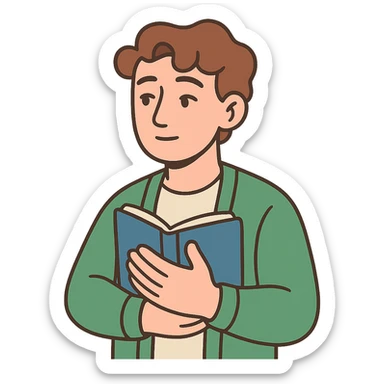 Calm and thoughtful male confidant, fair skin, soft wavy brown hair, gentle eyes, wearing a green cardigan over a light shirt, holding an open journal close to chest, waist-up, front-facing, pure background sticker