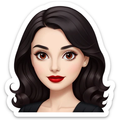 Distinguished actress with bright complexion, long dark hair with soft waves, large expressive dark eyes with classic makeup, defined brows, red lipstick, wearing elegant black dress, confident professional smile sticker