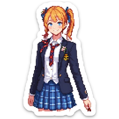 cheerful high school girl with orange side ponytail and yellow ribbon, blue eyes, navy blazer, red ribbon, blue plaid skirt, standing in a school courtyard with cherry blossoms, spring breeze, energetic smile sticker