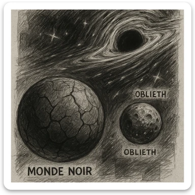 hand drawn map of dark back ward -“A dark cosmic region orbiting a massive black hole. No sunlight. A dead solar system with twisted planets and moons circling in silence. Monde Noir looms in the foreground — a cracked, obsidian planet with no atmosphere. Its moon, Oblieth, floats nearby, scarred and pitted, with faint green lights glowing from within cave openings. Stars are distorted and streaked by gravitational lensing. The entire scene is heavy, quiet, and surreal.” sticker