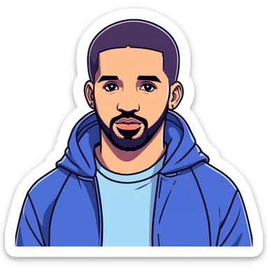8k, 5000x5000px, 1.5wx1.5h, clean, smooth lines, no background. Canadian Celebrity, actor, rapper, digital illustration of Drake sticker
