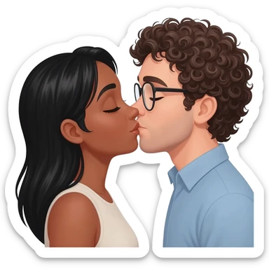 Light tan woman with black hair and man with curly dark blonde hair with glasses kissing each other sticker