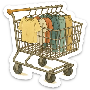 ghibli style shopping cart with hanging shirts and pants sticker