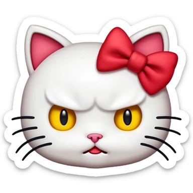 An iOS-style emoji of Hello Kitty feeling angry, with her signature red bow, white cat face, no mouth, black eyes, and yellow nose. Maintain the original Hello Kitty character design. Transparent background.  sticker