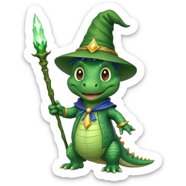 happy alligator wizard, waving, magical aura sticker