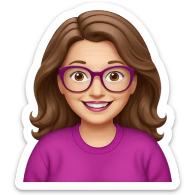 50 yr Caucasian woman, long brown hair parted on side, brown eyes, brown glasses, big smile, white teeth, fuscia sweater, chubby, wavy hair sticker