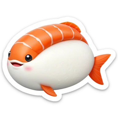 Cute Kawaii Nigiri Sushi, plump and happy, a soft white rice pillow topped with bright orange salmon, tiny blushing cheeks, big round eyes, a joyful floating expression! sticker