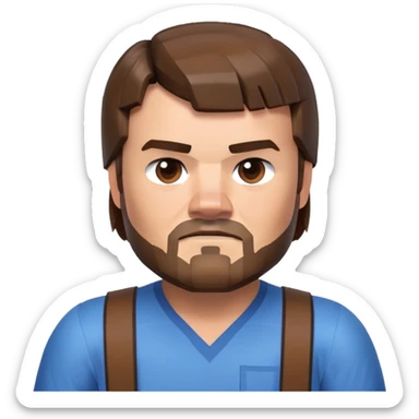 Jack Black as Minecraft Steve portrait, just face and shoulders, blocky character with brown hair, beard, and blue shirt sticker