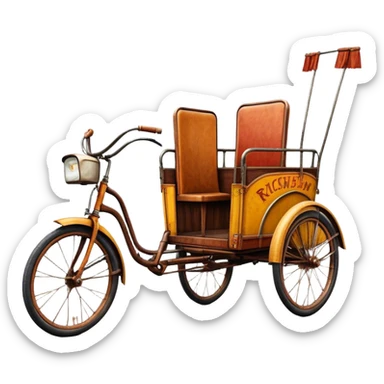 ​Cinematic Realistic Tricycle Rickshaw, depicted as a vintage manually operated vehicle featuring two front wheels and a single rear wheel, rendered with detailed rustic textures, vibrant colors, and dynamic urban lighting that captures its unique design and cultural charm, sticker