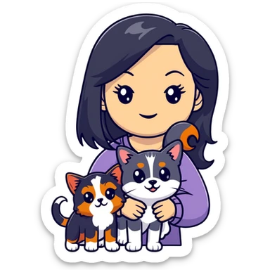 woman with long black hair holding an American Shorthair cat and a Cavalier King Charles Spaniel dog sticker