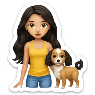 a tan pretty bratz girl with long wavy black hair, wearing a yellow tank top with a dog sticker