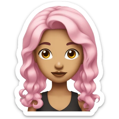 Girl with black hair , mad , her hair is not curly neither straight its ondulated hair , it's short and she has brown eyes and she has a bow that its pink on her hair sticker