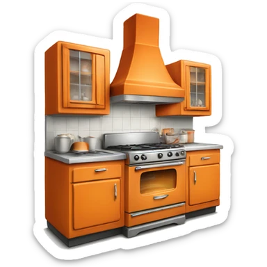 Isolated full length Realistic orange vintage retro kitchen range with cabinets and counters. sticker
