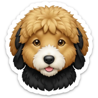 Black golden doodle with white chin sticker