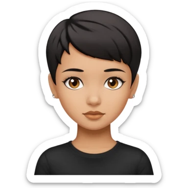 A girl with black short pixie haircut cut, dark brown eyes that almost look like black, caramel tone skin colour. Wearing a black t-shirt.  sticker