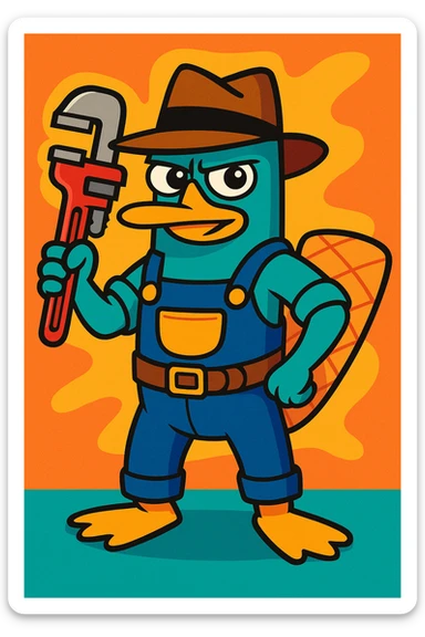 Perry the Platypus as a plumber, teal platypus with a brown fedora, holding a wrench, plumber outfit, cartoon style, vibrant toon sticker
