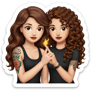 finger snap idea — long wavy brown hair tattooed woman and short tight curly brown hair woman — spark flash sticker