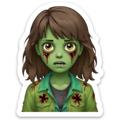 Uma menina zombie com um cabelo ondulado médio, com a franja pro lado esquerdo, o cabelo com cor castanho com a cor de pele verde  sticker
