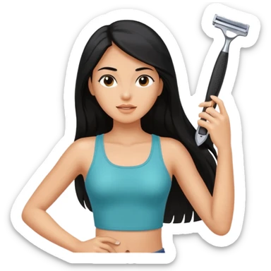 woman black long hair showing armpit and grabing razor sticker