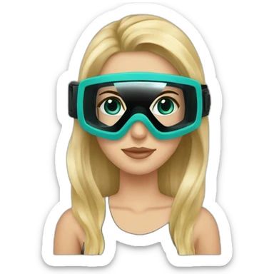 woman large blonde straight hair, black diving mask with a single crystal, tourquese eyes, scubadiving gear sticker