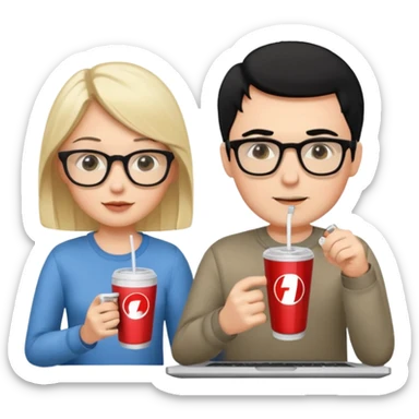 Hombre blanco con gafas, pelo negro tomando un refresco frente a un ordenador con ropa de sport, mujer rubia en la pantalla del ordenador tomando café sticker