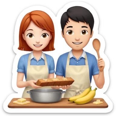 black haired asian guy bakes banana bread with redhead girlfriend sticker