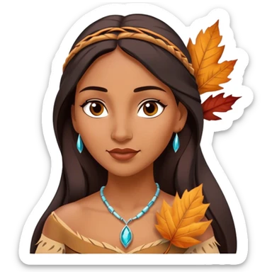 Cinematic Playful Pocahontas Portrait Emoji, Tilting her head with a knowing smirk, holding a delicate autumn leaf, eyes glimmering with adventure, an enchanting blend of confidence and charm, absolutely captivating! sticker