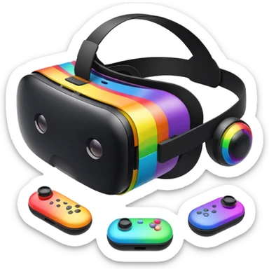 Show a VR headset or AR glasses, symbolizing the immersive hair experience. Include virtual objects or a 3D scene floating in the air in front of rainbow Make the background transparent. sticker