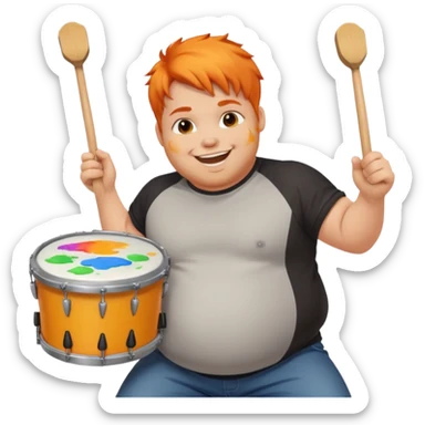 A chubby orange hair fan pounding a bass drum, cheeks puffing with energy with paints on his cheeks sticker