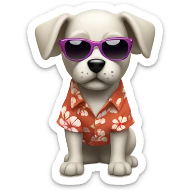 Dog wearing a Hawaiian shirt and sunglasses walking on a beach sticker