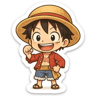 chibi version of Luffy from One Piece, wearing his signature straw hat, smiling, in a cute pose, chibi style, cute character sticker