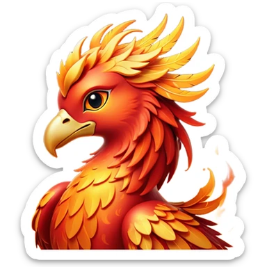 Cinematic Cute fierce & powerful Fire Phoenix Portrait Emoji, Head tilted playfully and inquisitively, showcasing a vibrant, flame-kissed form with intricately detailed feathers in warm shades of red, orange, and shimmering gold, accented by delicate sparks and a gentle, inviting glow; rendered with lifelike detail and soft, radiant light, high shine, enchanting and spirited, styled with a touch of mythic whimsy, soft glowing outline, capturing the essence of a mischievous yet endearing phoenix poised to flutter playfully into your heart! sticker