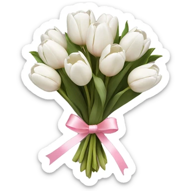 a bouquet of white tulips tied with a pink ribbon sticker