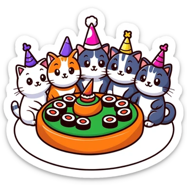 six different cats arranged in a circle, celebrating with party hats, each cat holding a piece of sushi, birthday cake in the center sticker