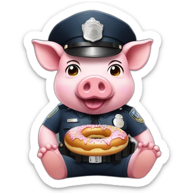 Pig in police hat eating donut with pistol sticker