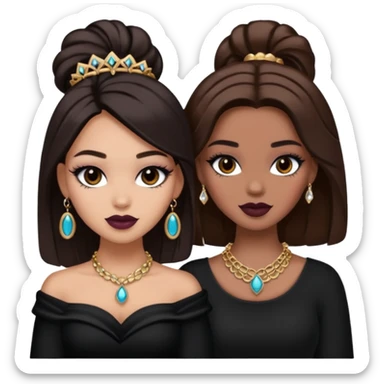 Boujy baddie best friends, trendy heavy makeup both dark hair one light skinned and one mocha brown pretty hair style both wearing black and jewelery  sticker