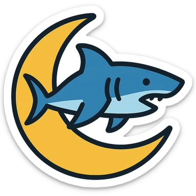 Make the shark swimming across the moon, keep the color outline icon style sticker