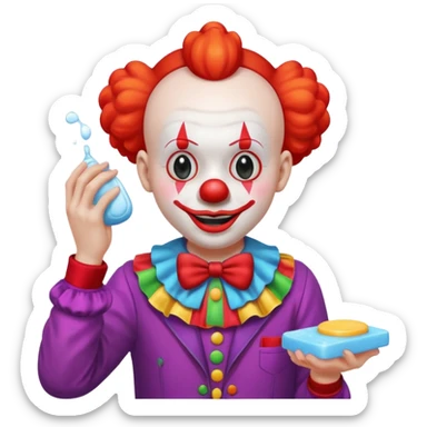 Clown dropping down to pick up soap sticker