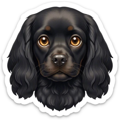 Cinematic Noble Black Cocker Spaniel Portrait Emoji, Poised and regal, with a sturdy build and a sleek, shiny black coat accented by subtle tan markings, deep-set soulful dark eyes, Simplified yet sharp and sophisticated features, highly detailed, glowing with a soft, dignified glow, high shine, intelligent and alert, stylized with an air of refinement, focused and attentive, soft glowing outline, capturing the essence of a watchful and confident companion, so majestic it feels as though it could trot out of the screen with effortless authority! sticker