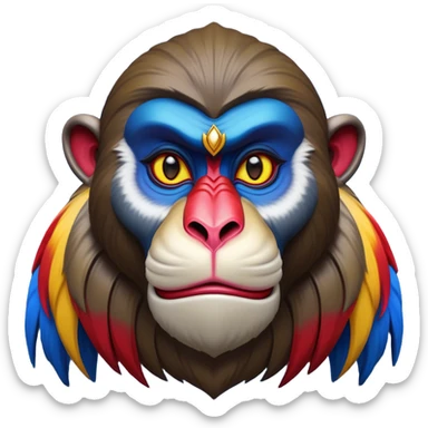 Cinematic Noble Mandrill Portrait Emoji, Poised and regal, with a striking, powerful build and a vivid, multicolored face accented by bold blue, red, and yellow hues, deep-set soulful eyes, Simplified yet sharp and sophisticated features, highly detailed, glowing with a vibrant, dignified glow, high shine, intelligent and commanding, stylized with an air of exotic majesty, focused and attentive, soft glowing outline, capturing the essence of a watchful and confident primate, so majestic it feels as though it could step out of the screen with effortless authority! sticker