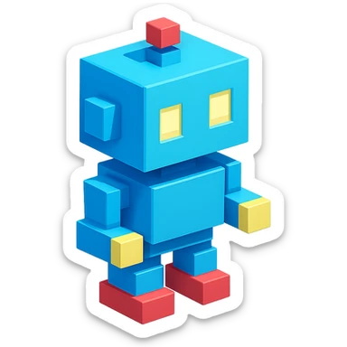 voxel-style blue robot with square head and glowing eyes, isometric view sticker