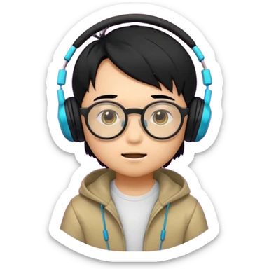 Chibi Japanese boy with black hair and round glasses, big headphones, vibing hard to electronic music, strong beat pulse lines around him, neon glow, exaggerated cartoon style, streaming emote. sticker